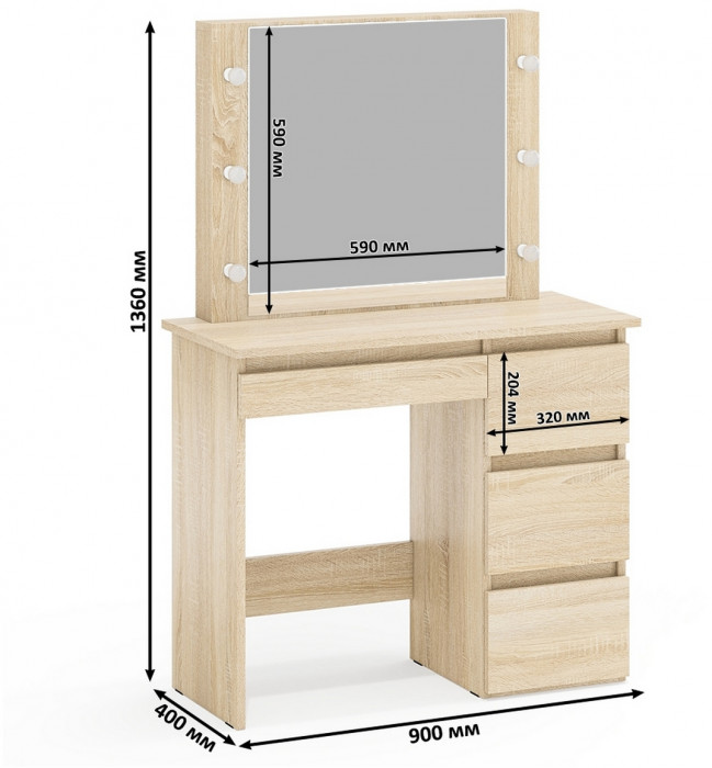 Ксения Кровать с ящиками 0900 + Стол косметический с подсветкой Сура, дуб сонома