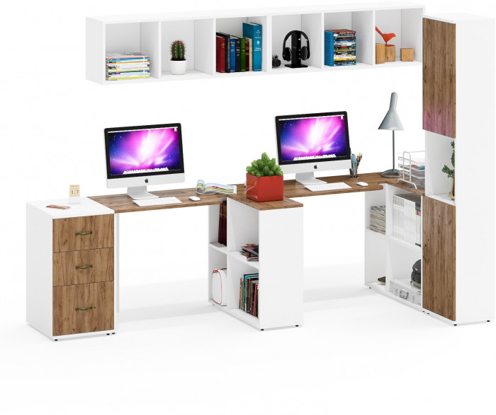 Лидер-8 Стол + Полка + Стол + Полка + Пенал + Тумба МД 3.16, белый шагрень/крафт золото