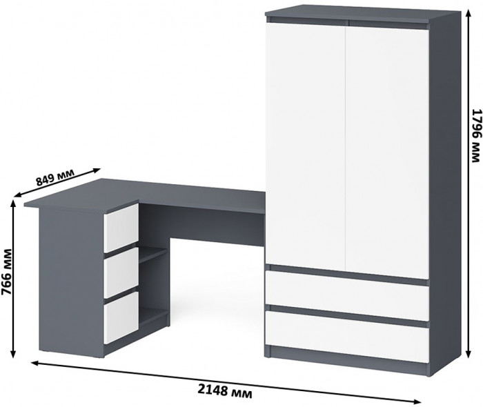 Мори компьютерный стол МС-16 левый + Шкаф МШ900.1, графит/белый