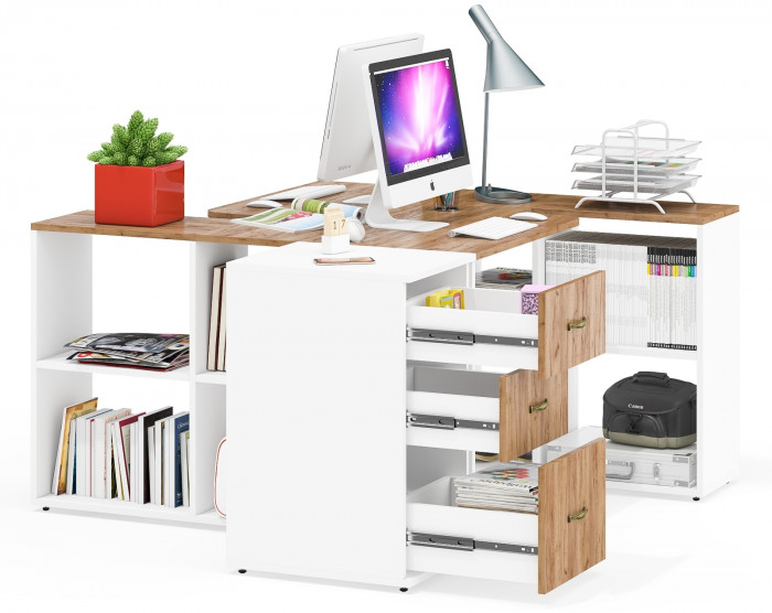 Лидер-8 Стол + Стол + Тумба МД 3.16, цвет белый шагрень/крафт золото, ШхГхВ 370х50/30х75 см. или 230х50/120х75 см., НЕ универсальная сборка