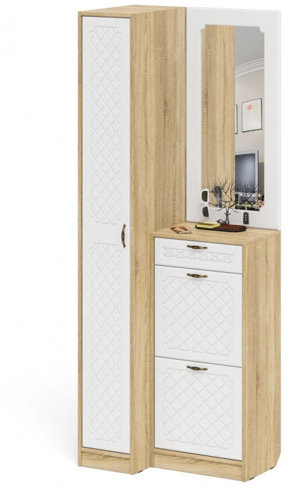 Прихожая П-6 Компоновка № 43, дуб сонома/фасады МДФ белое дерево фрезеровка ромб