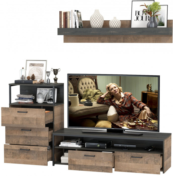 Трувор 13.70 Тумба под ТВ + 13.307.02 Комод с ящиками + 15.60 Полка, дуб гранж песочный/интра