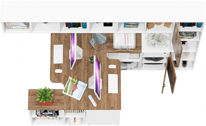 Лидер-8 Стол + Полка + Стол + Полка + Пенал + Тумба МД 3.19, белый шагрень/крафт золото