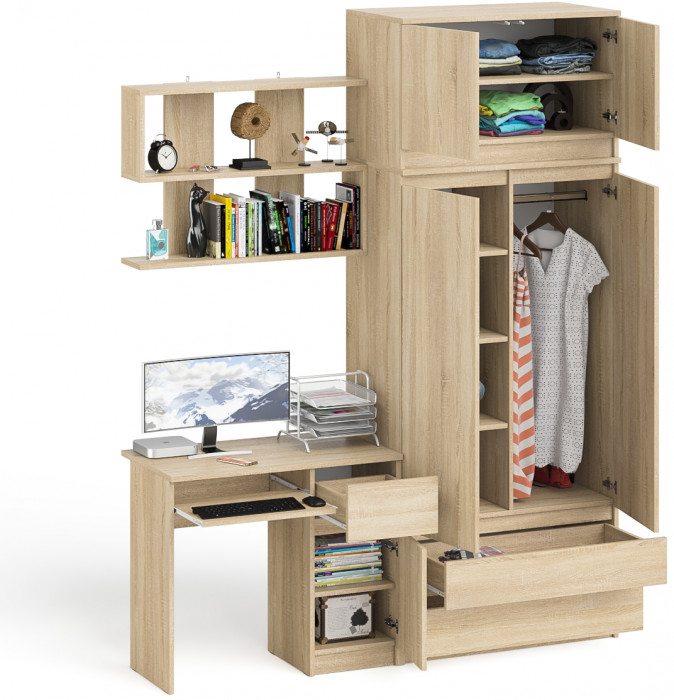 Мори компьютерный стол МС-1 правый + Шкаф МШ900.1 + Антресоль МА900.1 + Полка 900, дуб сонома