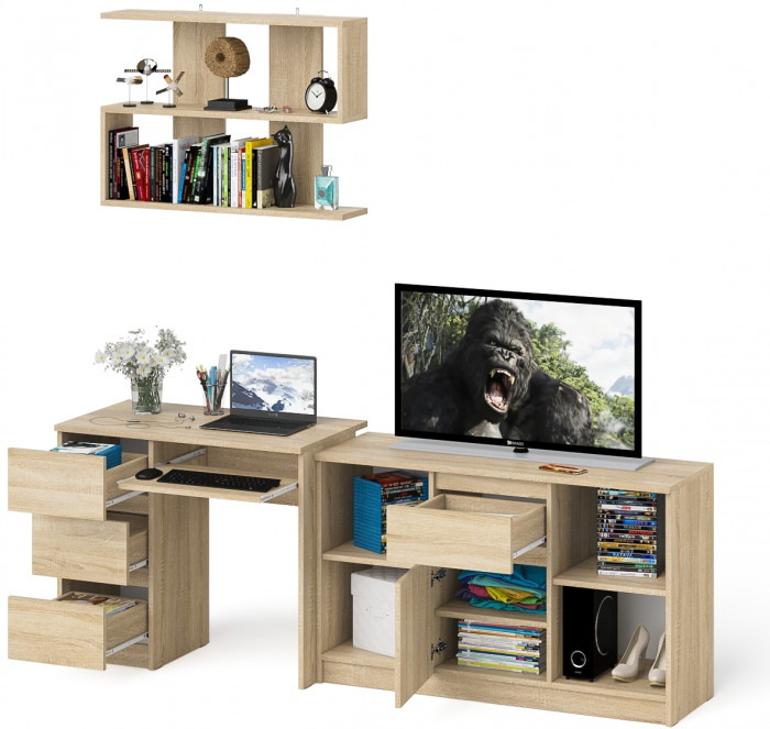 Мори компьютерный стол МС-6 левый + Тумба МТВ1204.1 + Полка 900, дуб сонома