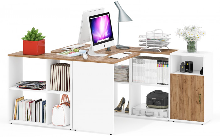 Лидер-8 Стол + Стол + Тумба МД 3.19, цвет белый шагрень/крафт золото, ШхГхВ 370х50/30х75 см. или 230х50/120х75 см., НЕ универсальная сборка