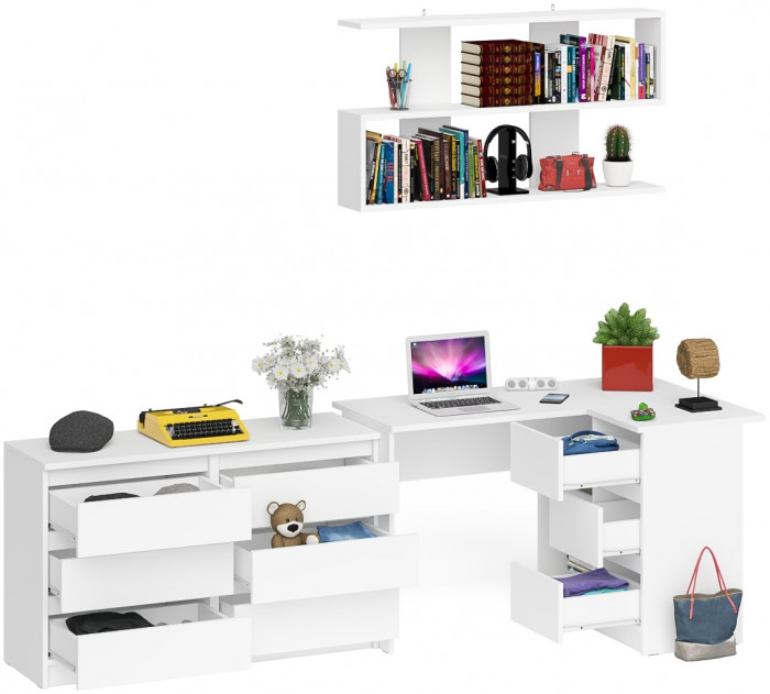 Мори компьютерный стол МС-16 правый + Комод МК1200.6 + Полка 1200, белый