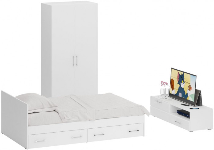 Спальня Стандарт 3-1200Я, белый/фасады ТВ тумбы МДФ белый глянец