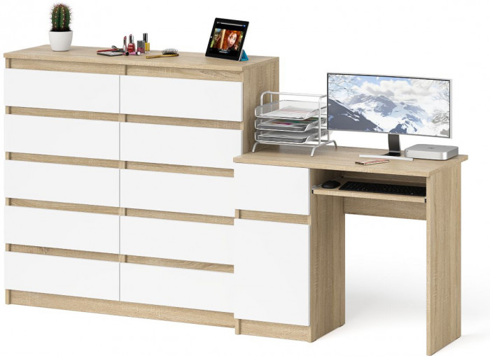 Мори компьютерный стол МС-1 левый + Комод МК1200.10, дуб сонома/белый