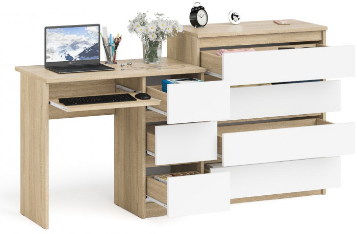 Мори компьютерный стол МС-6 правый + Комод МК800.4, дуб сонома/белый