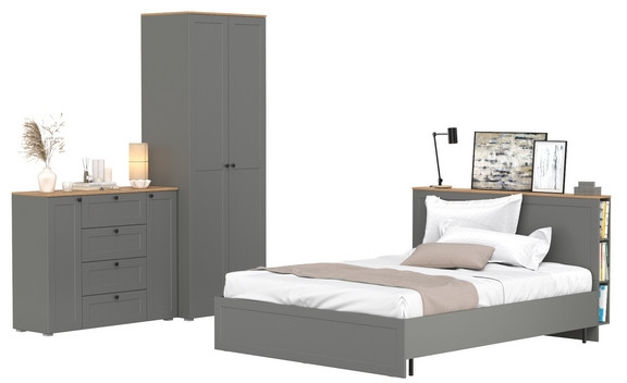 Остин 11.53 Кровать + ортопед + 13.336.02 Шкаф для одежды + 16.221 Комод, серый графит/дуб крафт золотой