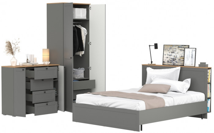 Остин 11.53 Кровать + ортопед + 13.336.02 Шкаф для одежды + 16.221 Комод, серый графит/дуб крафт золотой