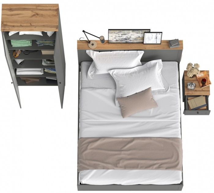 Остин 11.53 Кровать + ортопед + 16.307 Шкаф + 16.152 Тумба прикроватная, серый графит/дуб крафт золотой