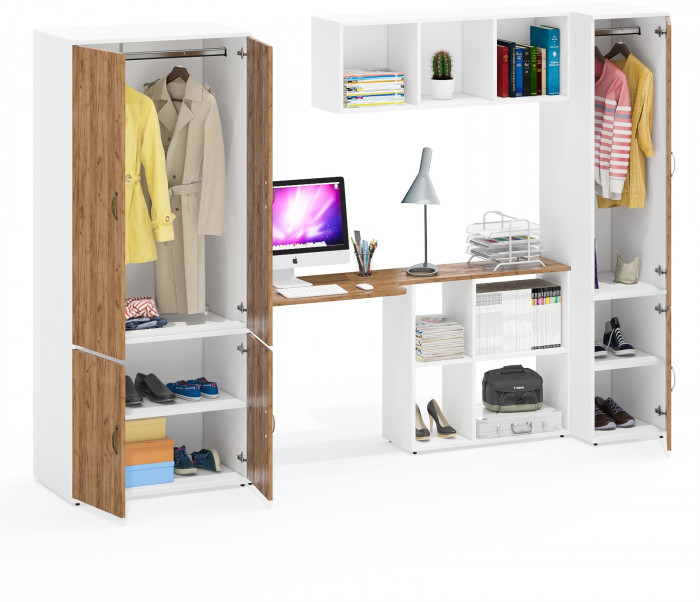 Лидер-8 Шкаф МД 19Б + Стол + Полка + Пенал 23Б, цвет белый шагрень/крафт золото, ШхГхВ 285х50/37,5х75/190 или 195х120х75/190 см., НЕ ун.сб.