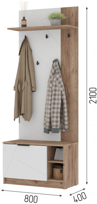 ОРЕГОН ПР 01 Прихожая (800х2100х400) Фасад МДФ БЕЛЫЙ СУПЕРМАТ,ДУБ КРАФТ ТАБАЧНЫЙ/Корпус ДУБ КРАФТ ТАБАЧНЫЙ