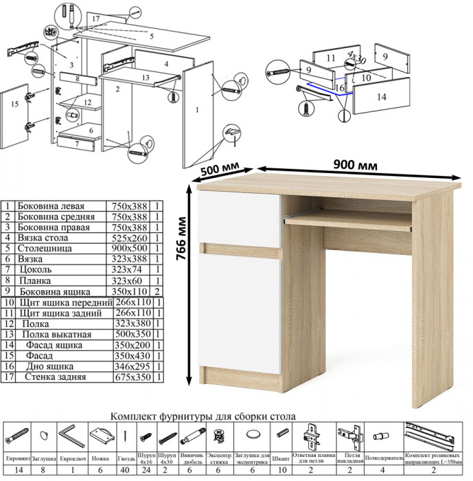 Мори компьютерный стол МС-1 левый + Комод МК700.5, дуб сонома/белый