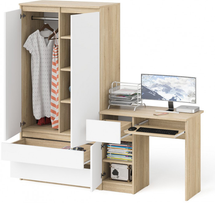 Мори компьютерный стол МС-1 левый + Шкаф МШ900.1, дуб сонома/белый