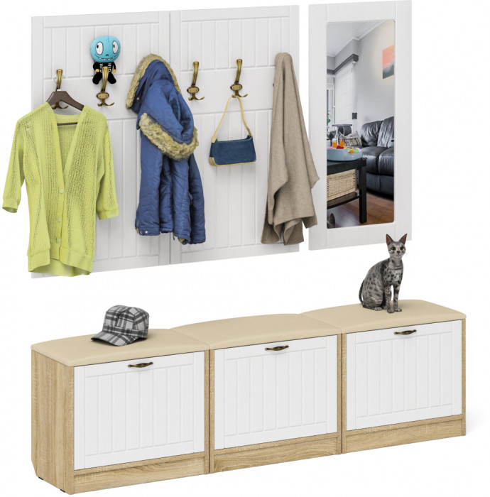 Прихожая П-6 Компоновка № 03, цвет дуб сонома/фасады МДФ белое дерево фрезеровка прованс, ШхГхВ 180х35х200 см., универсальная сборка