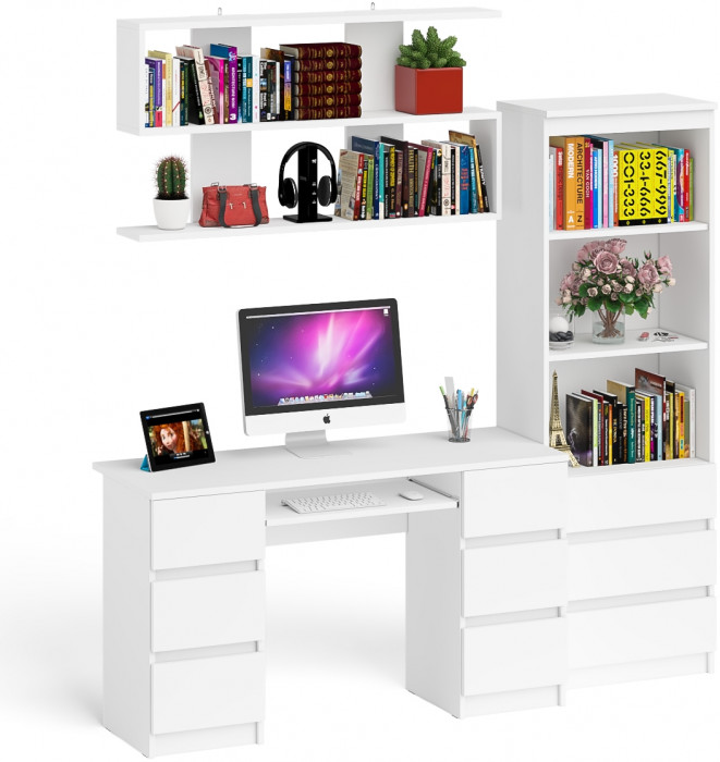 Мори компьютерный стол МС-2 + Стеллаж МСТ600.3 + Полка 1200, белый