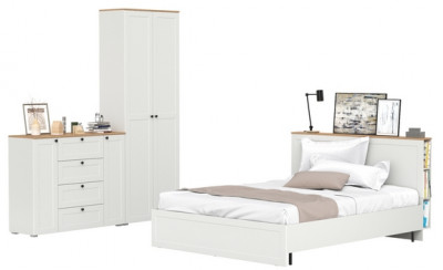 Остин 11.53 Кровать + ортопед + 16.307 Шкаф + 16.221 Комод, белый шагрень/дуб крафт золотой