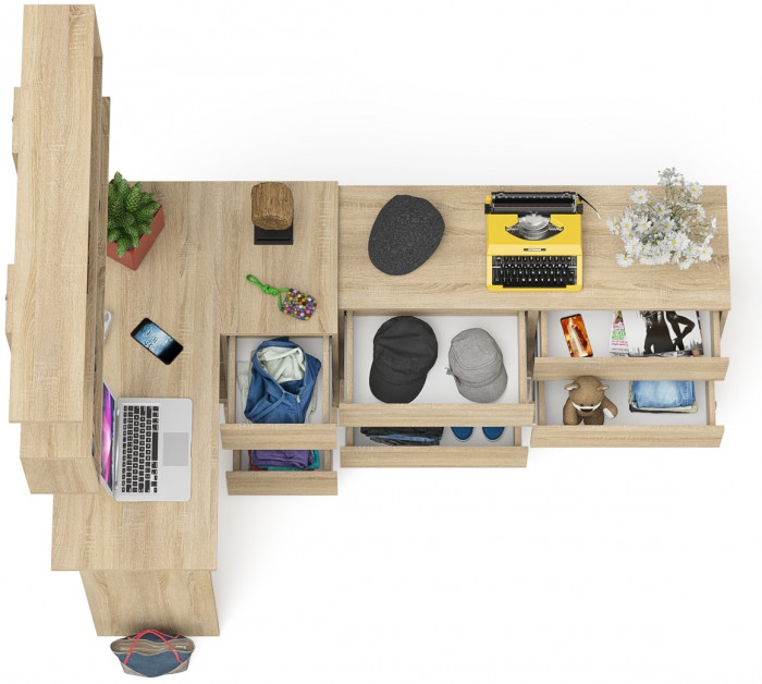 Мори компьютерный стол МС-16 правый + Комод МК1200.6 + Полка 1200, дуб сонома