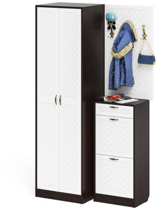 Прихожая П-6 Компоновка № 18, венге/фасады МДФ белое дерево фрезеровка ромб