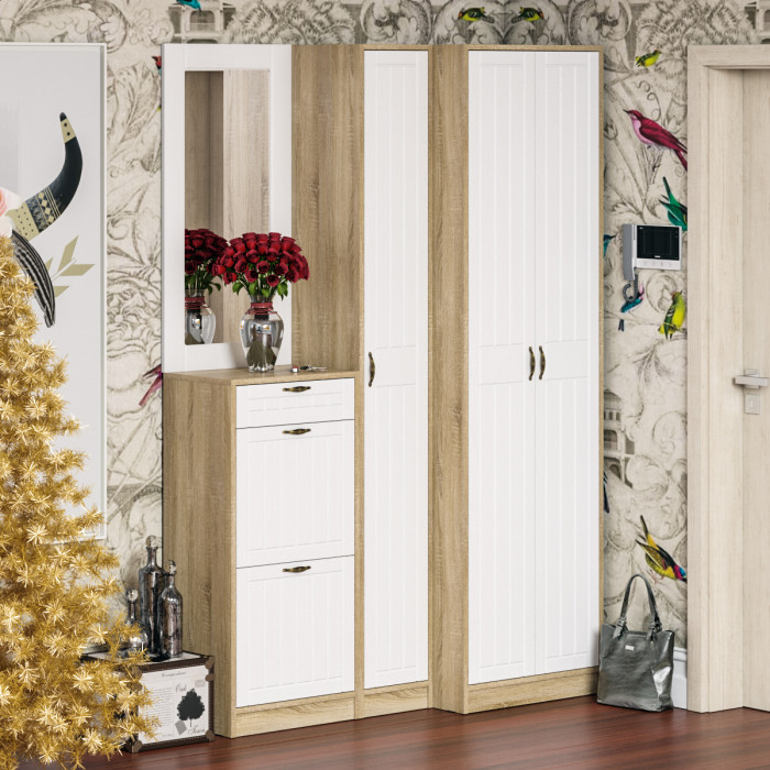 Прихожая П-6-350 Пенал, дуб сонома/фасады МДФ белое дерево фрезеровка прованс
