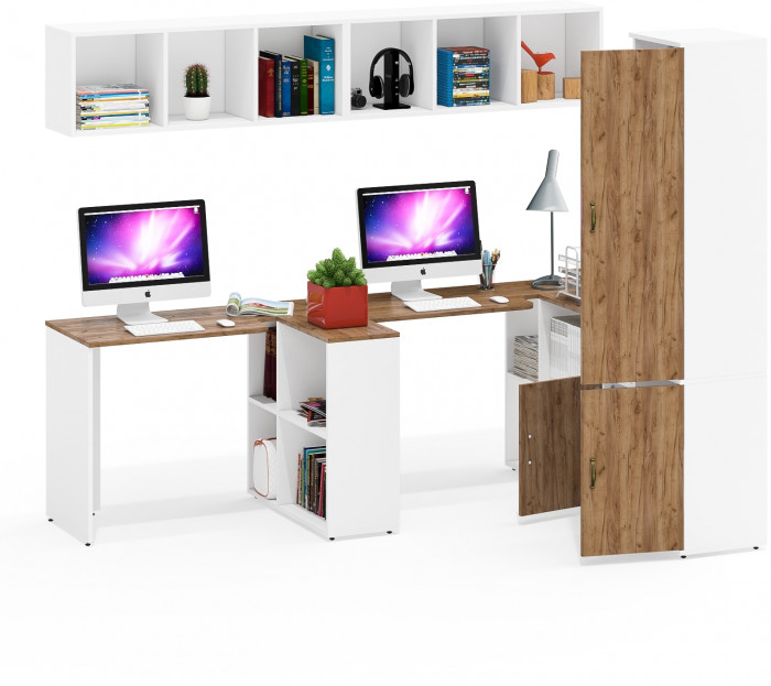 Лидер-8 Стол + Полка + Стол + Полка + Пенал МД 21Б + Тумба МД 3.19, белый шагрень/крафт золото