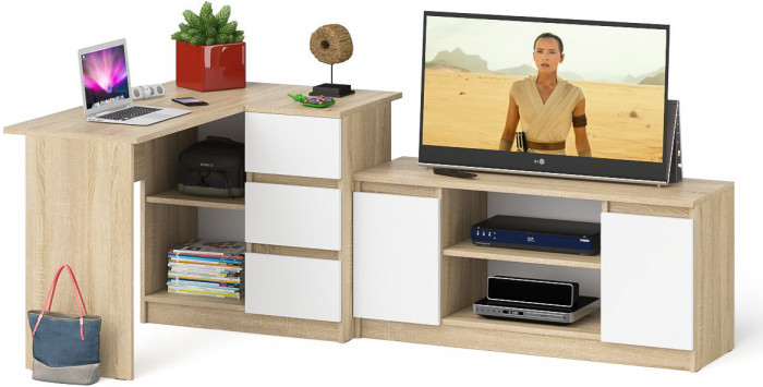 Мори компьютерный стол МС-16 правый + Тумба МТВ1200.1, дуб сонома/белый