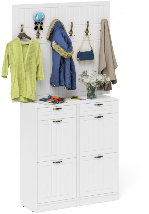 Прихожая П-6 Компоновка № 04, цвет белая шагрень/фасады МДФ белое дерево фрезеровка прованс, ШхГхВ 120х35х200 см.