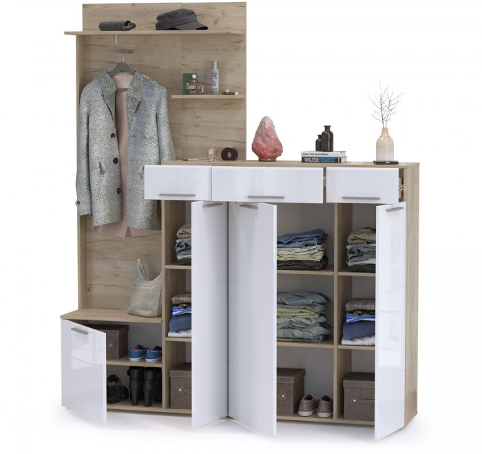 Лайн Прихожая № 05, дуб крафт серый/фасады МДФ белый глянец