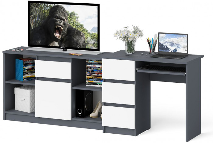 Мори компьютерный стол МС-6 левый + Тумба МТВ1204.1, графит/белый