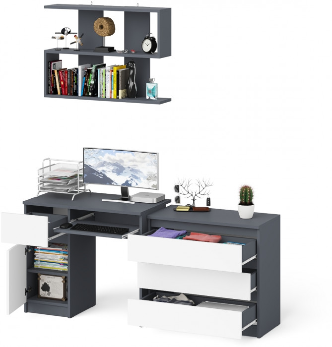 Мори компьютерный стол МС-1 левый + Комод МК800.1 + Полка 900, графит/белый