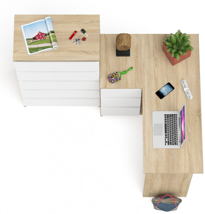 Мори Стол компьютерный МС-16 левый + Комод МК700.5, цвет дуб сонома/белый, ШхГхВ 194,8х84,9х114 см., выдвижные ящики слев, НЕ универсальная сборкаа