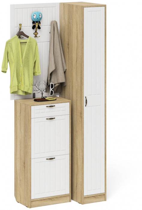 Прихожая П-6 Компоновка № 44, дуб сонома/фасады МДФ белое дерево фрезеровка прованс