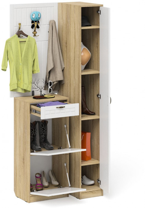 Прихожая П-6 Компоновка № 44, дуб сонома/фасады МДФ белое дерево фрезеровка прованс