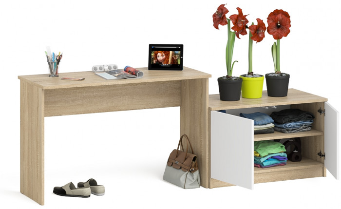 Мори Стол письменный МСП1200.1 + Тумба МА900.1, цвет дуб сонома/белый, ШхГхВ 210,8х50,4х76,6 см., универсальная сборка