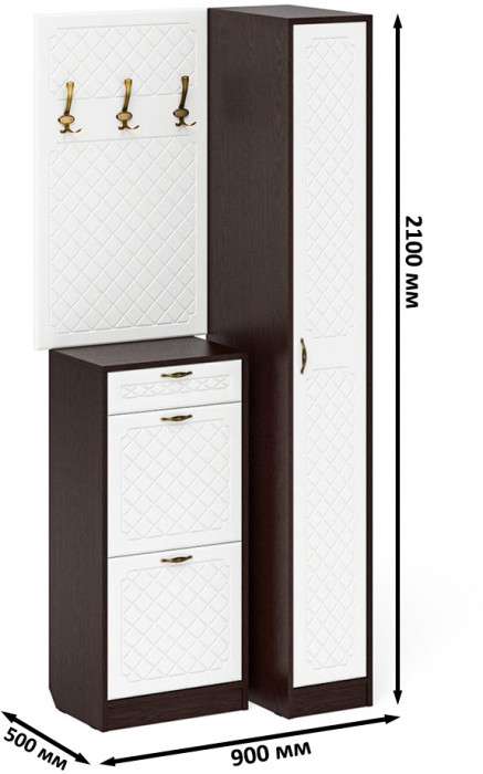 Прихожая П-6 Компоновка № 44, цвет венге/фасады МДФ белое дерево фрезеровка ромб, ШхГхВ 90х50х210 см., универсальная сборка