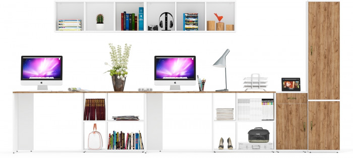 Лидер-8 Стол + Полка + Стол + Полка + Пенал МД 22Б + Тумба МД 3.15, белый шагрень/крафт золото