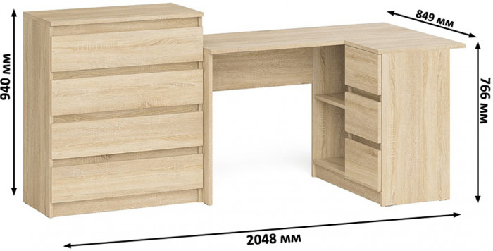 Мори компьютерный стол МС-16 правый + Комод МК800.4, дуб сонома