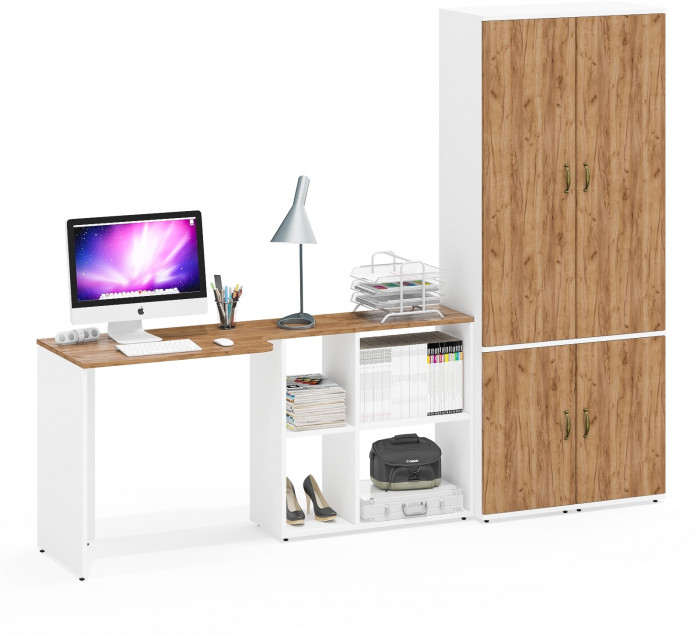 Лидер-8 Стол + Пенал МД 21Б + Пенал МД 21Б, цвет белый шагрень/крафт золото, ШхГхВ 245х50/37,5х75/190 или 115х160/50х75/190 см., НЕ ун. сборка