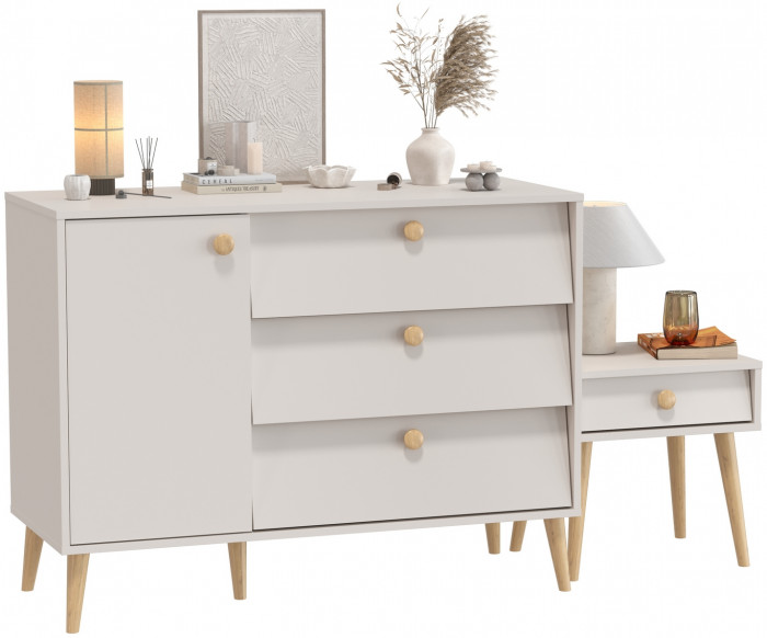 Афина Спальня Комод с дверкой и тремя ящиками + Тумба прикроватная, кашемир серый