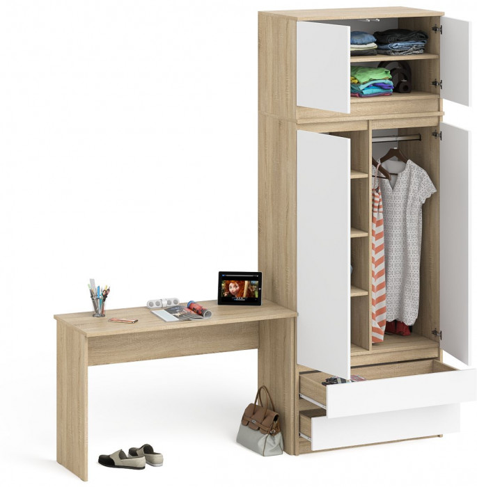Мори Стол письменный МСП1200.1 + Шкаф МШ900.1 + Антресоль МА900.1, цвет дуб сонома/белый, ШхГхВ 210,8х50,4х234,2 см., универсальная сборка
