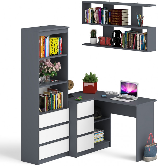 Мори компьютерный стол МС-16 левый + Стеллаж МСТ600.3 + Полка 1200, графит/белый