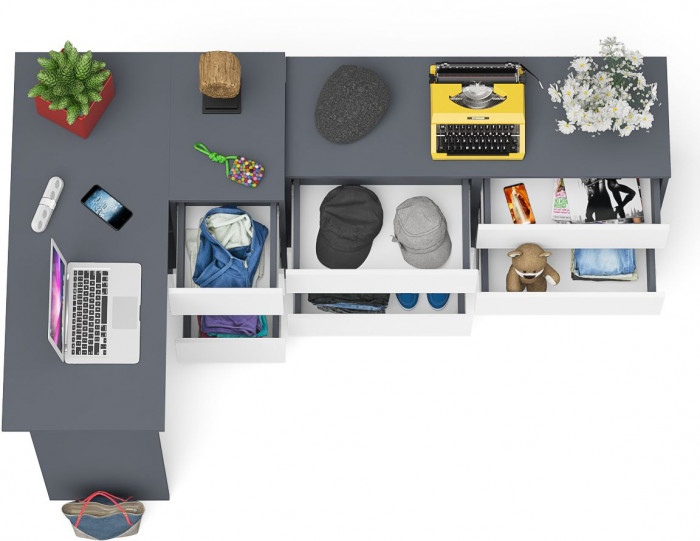 Мори компьютерный стол МС-16 правый + Комод МК1200.6, графит/белый