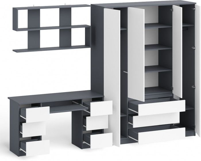 Мори компьютерный стол МС-2 + Шкаф МШ1600.1 + Полка 1200, графит/белый