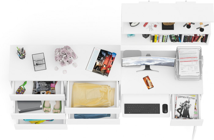 Мори Стол компьютерный МС-1 правый + Комод МК1200.8 + Полка 900, цвет белый, ШхГхВ 210,4х50х209,6 см., НЕ универсальная сборка