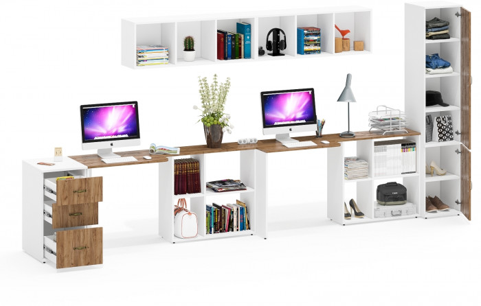 Лидер-8 Стол + Полка + Стол + Полка + Пенал МД 22Б + Тумба МД 3.16, белый шагрень/крафт золото