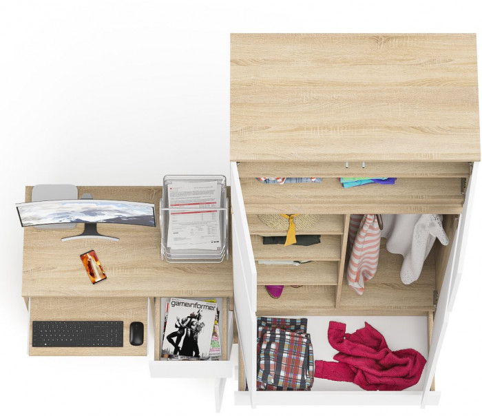 Мори компьютерный стол МС-1 правый + Шкаф МШ900.1 + Антресоль МА900.1, дуб сонома/белый