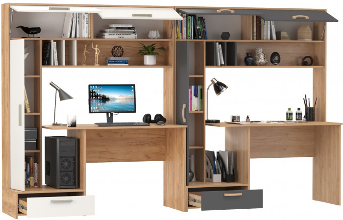 Два Стола письменных Лайт 03.243Н, цвет дуб крафт золотой/белый премиум/гикори рокфорд натуральный/тёмно-серый, ШхГхВ 300,4х57,3х179,9 см., НЕ ун. сб.